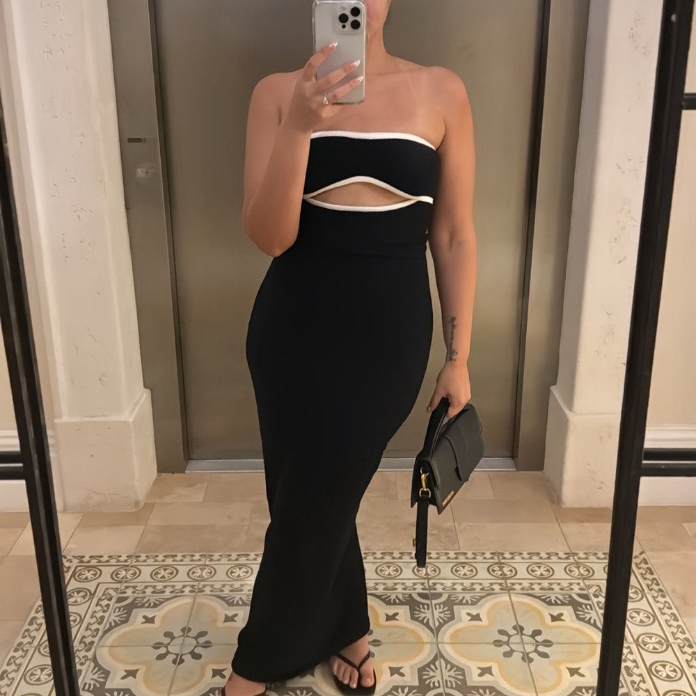 Peppermayo black and white knit bandeau maxi dress